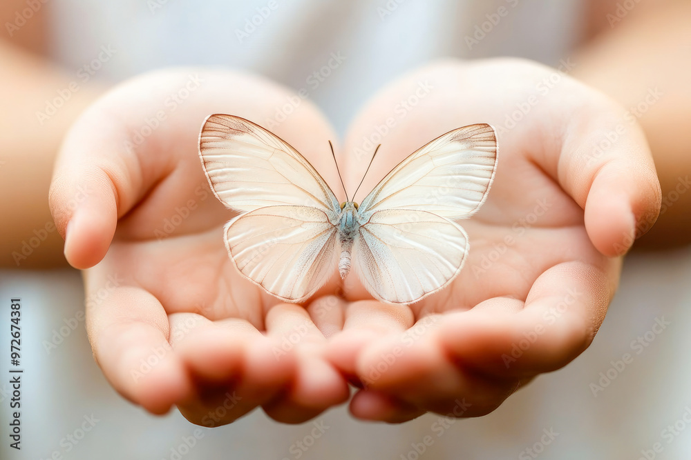 Two hands gently cupping a delicate white butterfly, symbolizing care, gentleness, and the beauty of life in a serene moment. Two hands gently cupping a delicate white butterfly, symbolizing care, gentleness, and the beauty of life in a serene moment.