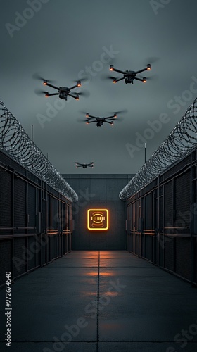 A dramatic scene featuring drones flying over a high-security facility, enhanced by ominous lighting and barbed wire. photo