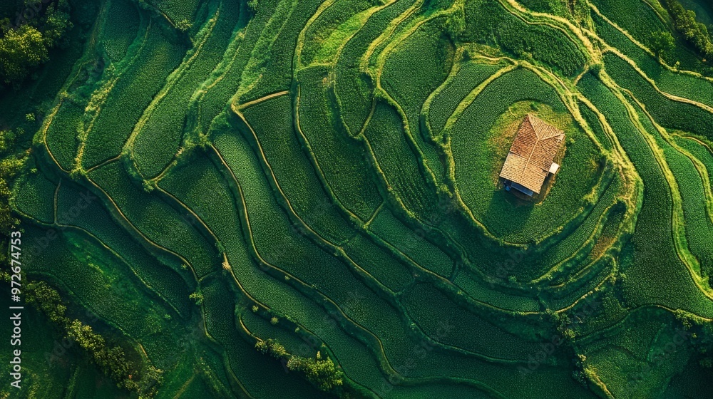 Obraz premium Aerial View of a Vast Green Field with a Small Cottage in the Distance