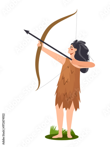 Stone age element. Tribal woman with arrow. Paleontology and archeology, history. Prehistoric era. Wild hunter. Poster or banner. Flat vector illustration isolated on white background