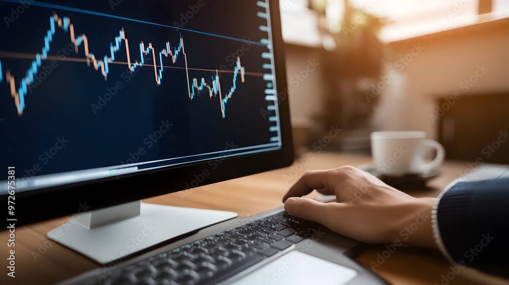 Close up of a hand using a laptop computer with a stock chart on the monitor in the background. Close up of a hand using a laptop computer with a stock chart on the monitor in the background.