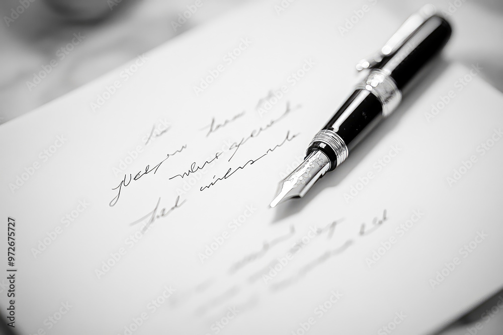 Black and white image showcasing an elegant fountain pen placed on a handwritten note, highlighting the themes of writing and communication.