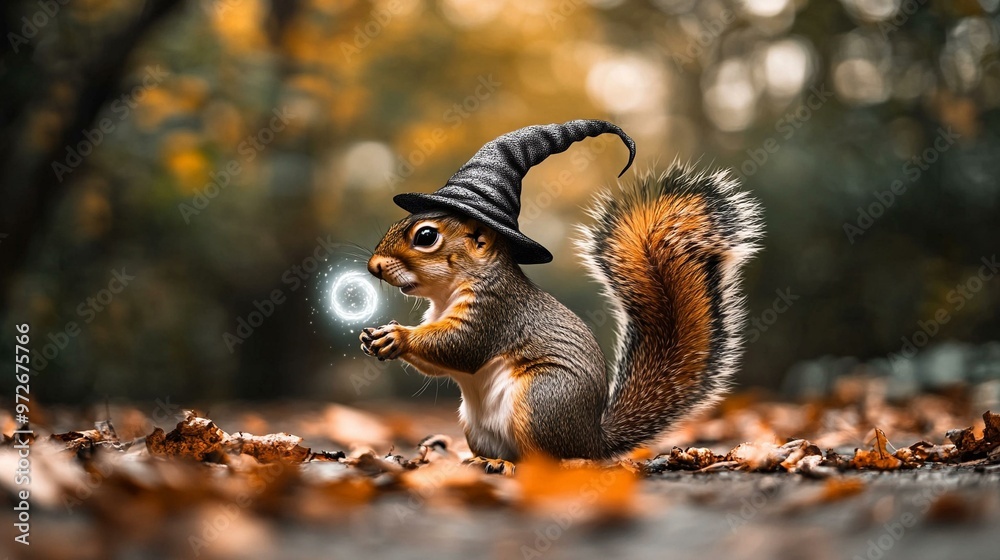 Fototapeta premium A whimsical squirrel wearing a wizard hat, creating magic in an autumn forest filled with colorful leaves.
