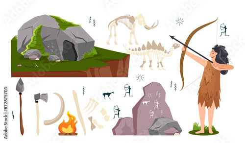 Stone age set. Primitive woman with bow, spear and axe. Tusks and fangs, claws. Prehistoric era elements. Neanderthal and tribal person. Flat vector collection isolated on white background