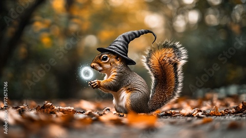 A whimsical squirrel wearing a wizard hat, creating magic in an autumn forest filled with colorful leaves.