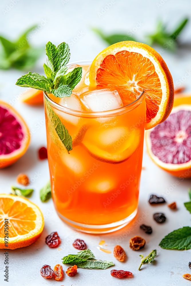 Refreshing citrus drink with ice and mint, surrounded by vibrant fruits, perfect for summer gatherings and parties. Refreshing citrus drink with ice and mint, surrounded by vibrant fruits, perfect for summer gatherings and parties.