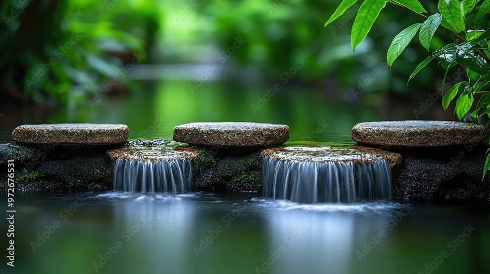 Serene water feature with stepping stones in a lush green setting. Serene water feature with stepping stones in a lush green setting.