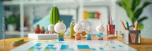 Cute cartoon figurines on a desk with stationery, creating a whimsical and playful scene.