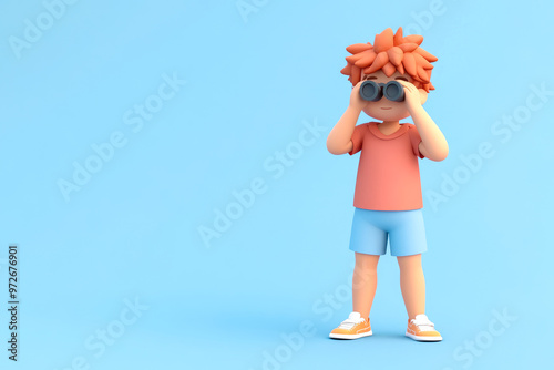 A child with orange hair looking through binoculars, wearing a red shirt and blue shorts, curiously observing the sky, imagination active.