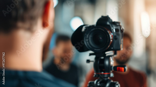 A professional DSLR camera on a tripod captures a man filming a video. The image is a great visual for filmmaking, content creation, and the media industry.