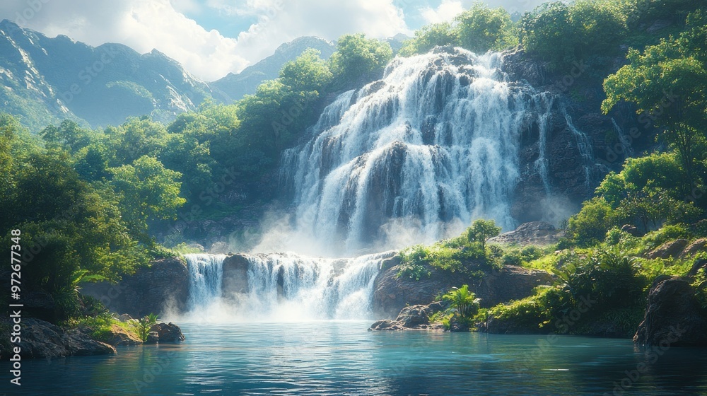 Fototapeta premium Serene waterfall cascading into a tranquil pool surrounded by greenery.