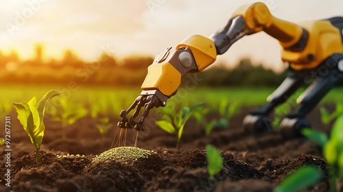 A robotic arm fertilizes young plants in a field at sunset. photo