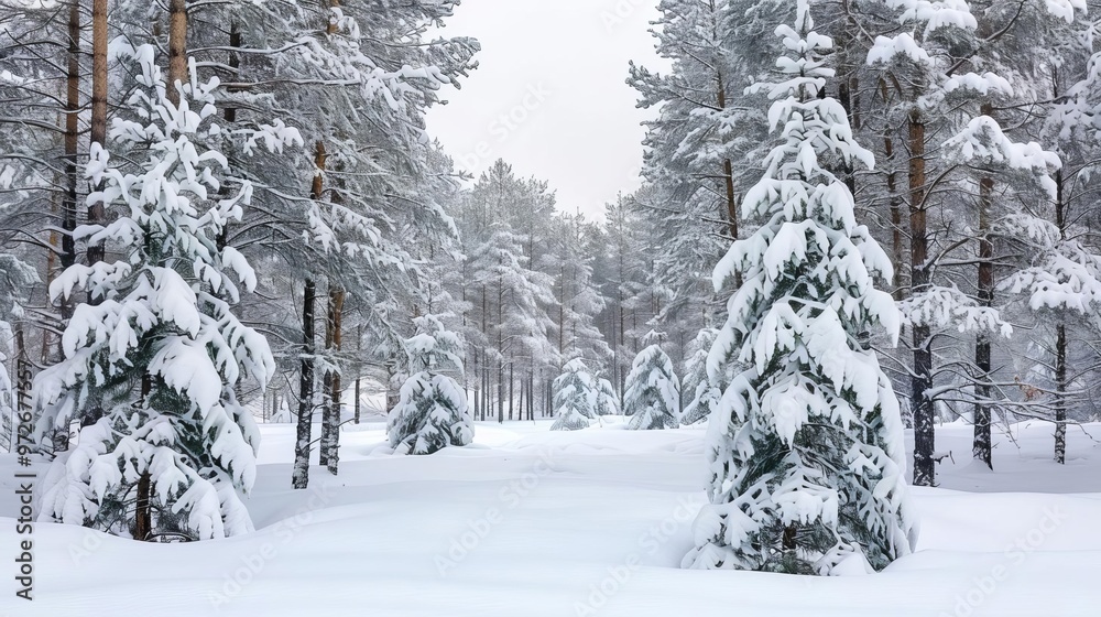 A snowy forest landscape with fir trees, represents the serene beauty of winter, with copy space A snowy forest landscape with fir trees, represents the serene beauty of winter, with copy space