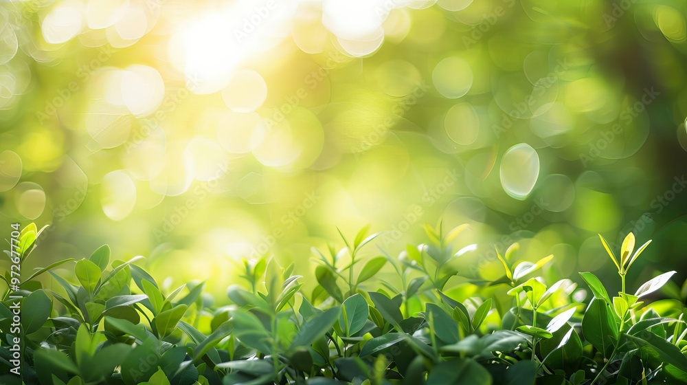A spring background with green foliage and sunlight, highlights the freshness of nature, with copy space A spring background with green foliage and sunlight, highlights the freshness of nature, with copy space