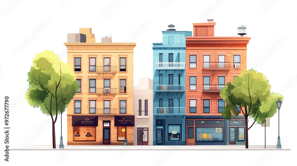 Flat design of buildings on the street Flat design of buildings on the street
