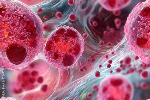 Close-up view of human cells under a microscope showing intricate details of cell structures, highlighting scientific research and biology concepts. photo