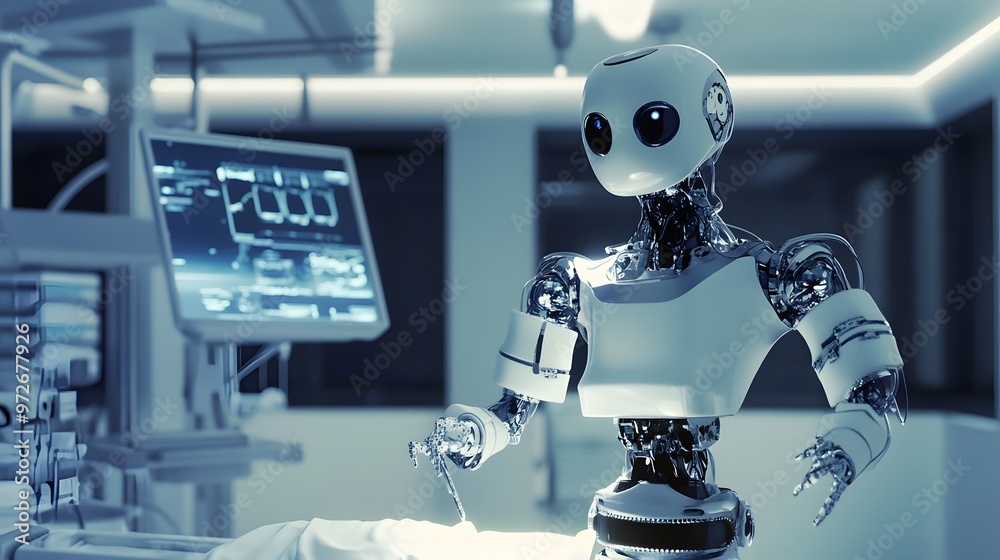 A robotic surgeon prepares to operate in an operating room. A robotic surgeon prepares to operate in an operating room.