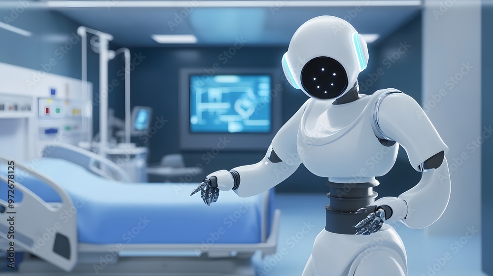 White robot in a hospital room, pointing towards a bed.