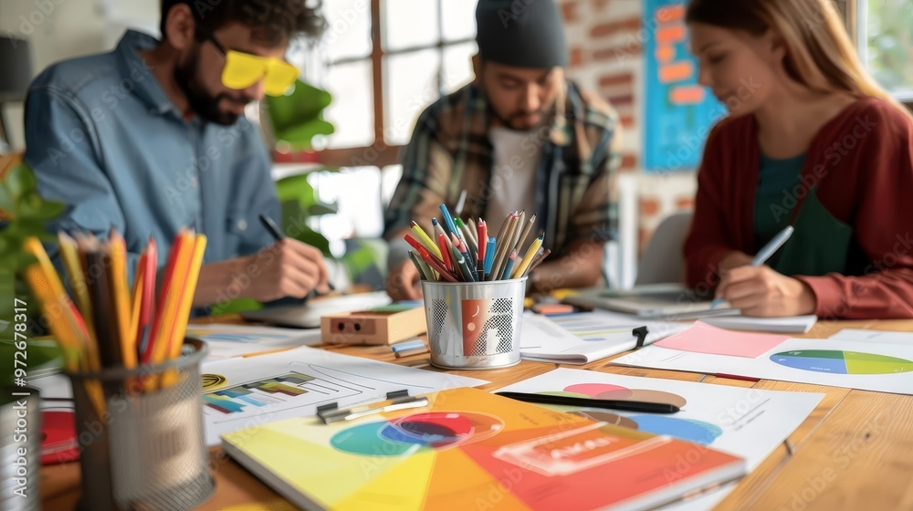 Branding strategy session with a team designing logos, brand guidelines, and marketing materials in a creative workspace with copy space Branding strategy session with a team designing logos, brand guidelines, and marketing materials in a creative workspace with copy space