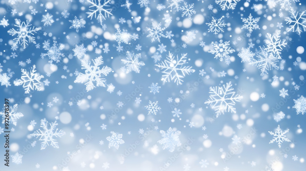 A beautiful winter scene with snowflakes falling against a blue sky. A beautiful winter scene with snowflakes falling against a blue sky.