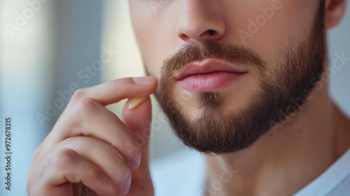 Close-up of a young man grooming his beard indoors in natural light during a relaxed afternoon