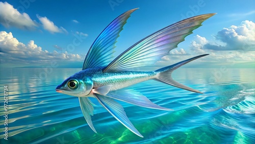 Silvery-blue flying fish with iridescent scales and delicate fins glide effortlessly above calm turquoise ocean waters, photo