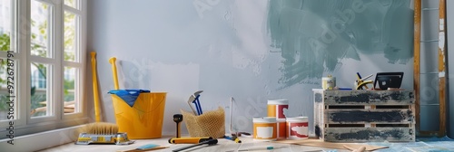 Home improvement project with tools, paint cans, and a partially painted wall, showcasing a DIY renovation effort with copy space