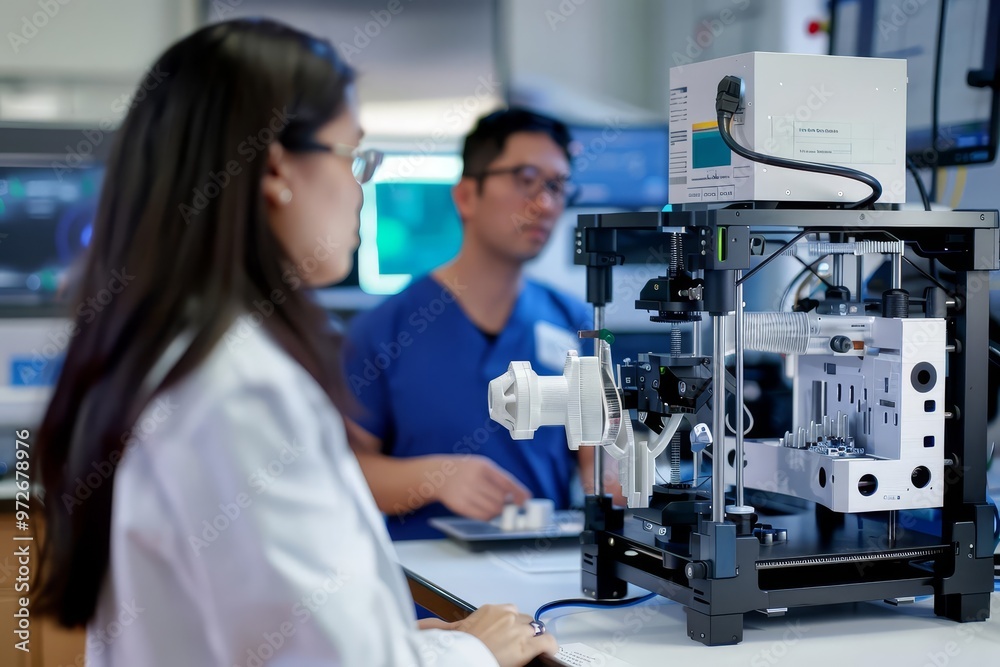 Scientists working with a high-tech microscope in a laboratory. Scientists working with a high-tech microscope in a laboratory.