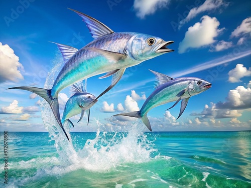 Silvery flying fish leap out of turquoise Caribbean Sea waters, their iridescent scales catching sunlight as they glide photo