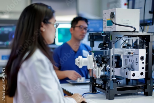 Scientists working with a high-tech microscope in a laboratory.