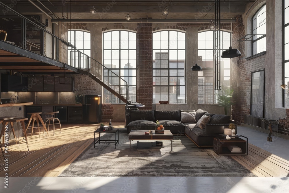 Modern loft living room with large windows, exposed brick, and industrial furniture. Modern loft living room with large windows, exposed brick, and industrial furniture.