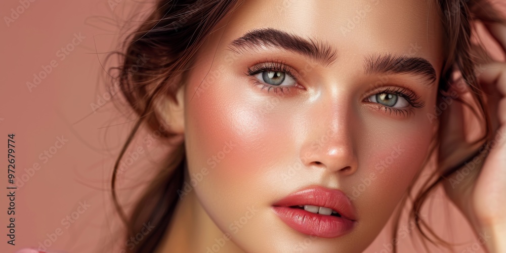 A close-up of a young woman with striking features and natural makeup against a soft pink background, capturing her beauty in afternoon light, highlighting her expressive eyes and glowing skin A close-up of a young woman with striking features and natural makeup against a soft pink background, capturing her beauty in afternoon light, highlighting her expressive eyes and glowing skin