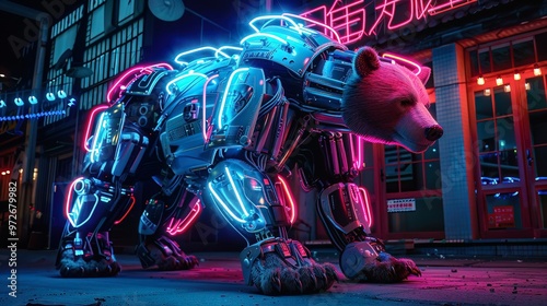 Mechanical bears with strength enhancements, featured in neon lit wildlife documentaries of the future photo