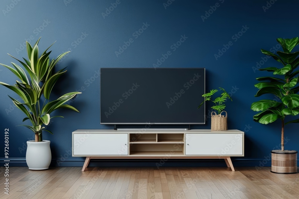 Modern living room interior with a TV on a cabinet against a dark blue wall background Modern living room interior with a TV on a cabinet against a dark blue wall background