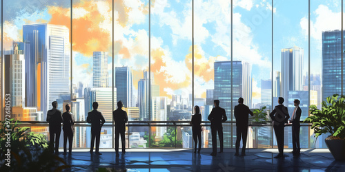 group of people on the window looking at the city