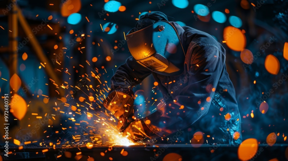 A welder skillfully crafts metal in a workshop during twilight hours, surrounded by vibrant sparks and a backdrop of industrial ambiance A welder skillfully crafts metal in a workshop during twilight hours, surrounded by vibrant sparks and a backdrop of industrial ambiance