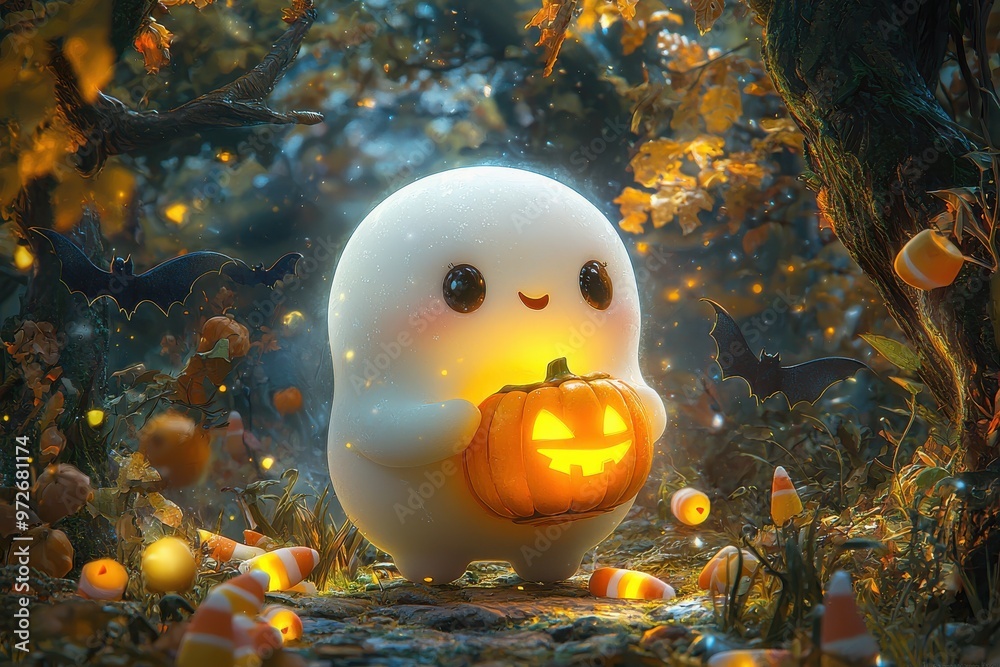 Cute snowman holding jack o lantern in autumnal forest scene Cute snowman holding jack o lantern in autumnal forest scene