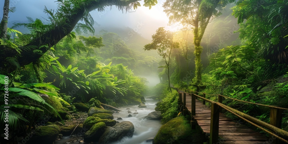 A serene morning in the lush tropical rainforest with a winding stream and wooden bridge surrounded by vibrant greenery and soft sunlight filtering through the canopy A serene morning in the lush tropical rainforest with a winding stream and wooden bridge surrounded by vibrant greenery and soft sunlight filtering through the canopy