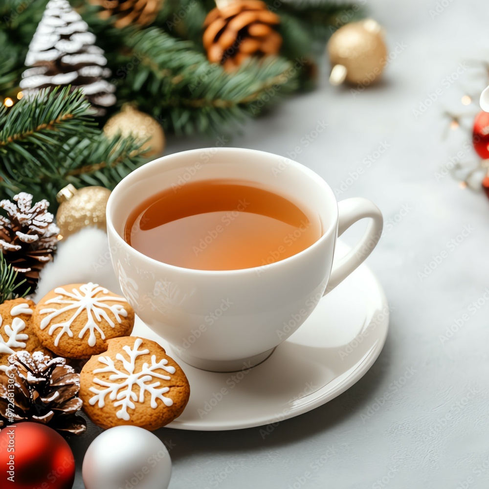 Cozy tea setting with a cup, cookies, and festive decor, perfect for winter holidays and warm gatherings.