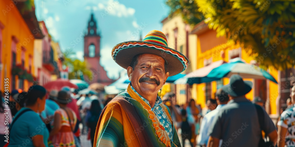 A vibrant street market in Mexico filled with colorful stalls and people, showcasing a smiling vendor wearing a traditional hat in the midst of a lively afternoon A vibrant street market in Mexico filled with colorful stalls and people, showcasing a smiling vendor wearing a traditional hat in the midst of a lively afternoon
