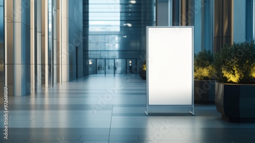 modeling a conference entrance, a blank white standy banner is there for mock-up, business style, high class environment.  photo