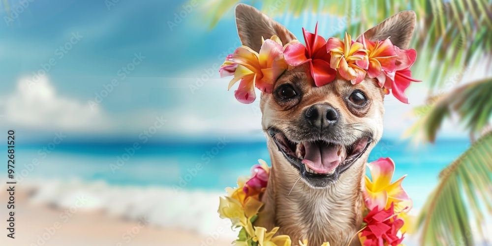 Happy dog with hawaiian costume tropical palm and beach background, right copy space Happy dog with hawaiian costume tropical palm and beach background, right copy space