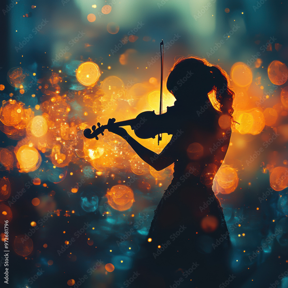Fototapeta premium Blurred silhouette of a violinist, set against a glowing background, evoking the profound emotional depth of music