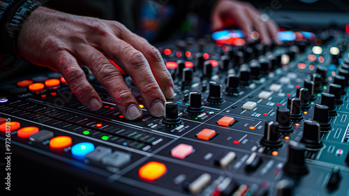 Close up of DJs mixing board with hands adjusting controls, showcasing vibrant lights and intricate details. atmosphere is energetic and dynamic, perfect for lively performance