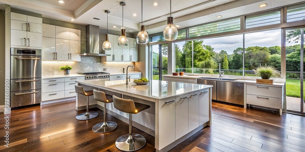 Sleek, high-gloss cabinetry and stainless steel appliances adorn a bright, open-plan kitchen with expansive island, Sleek, high-gloss cabinetry and stainless steel appliances adorn a bright, open-plan kitchen with expansive island,