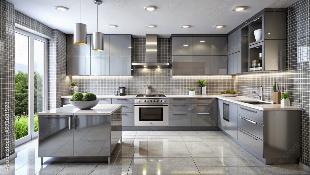 Sleek, high-gloss gray and white mosaic tiles create a futuristic backsplash, accented by stainless steel appliances Sleek, high-gloss gray and white mosaic tiles create a futuristic backsplash, accented by stainless steel appliances