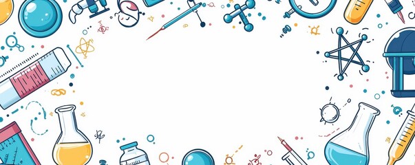 Blank white card with blue borders surrounded by colorful scientific illustrations, including laboratory equipment and molecular structures