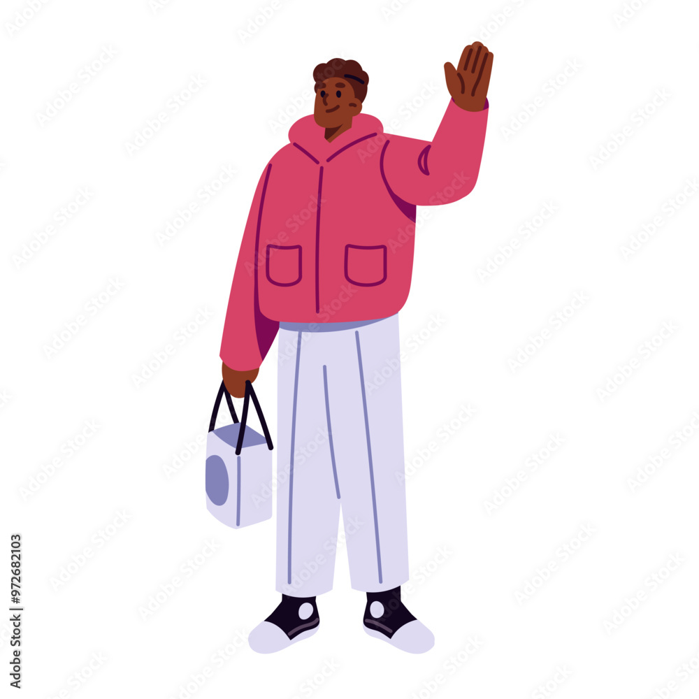 Happy person in winter outerwear waves hand. Black man in warm clothes holds gift, welcomes. Funny character with present greeting, says hello. Flat isolated vector illustration on white background Happy person in winter outerwear waves hand. Black man in warm clothes holds gift, welcomes. Funny character with present greeting, says hello. Flat isolated vector illustration on white background