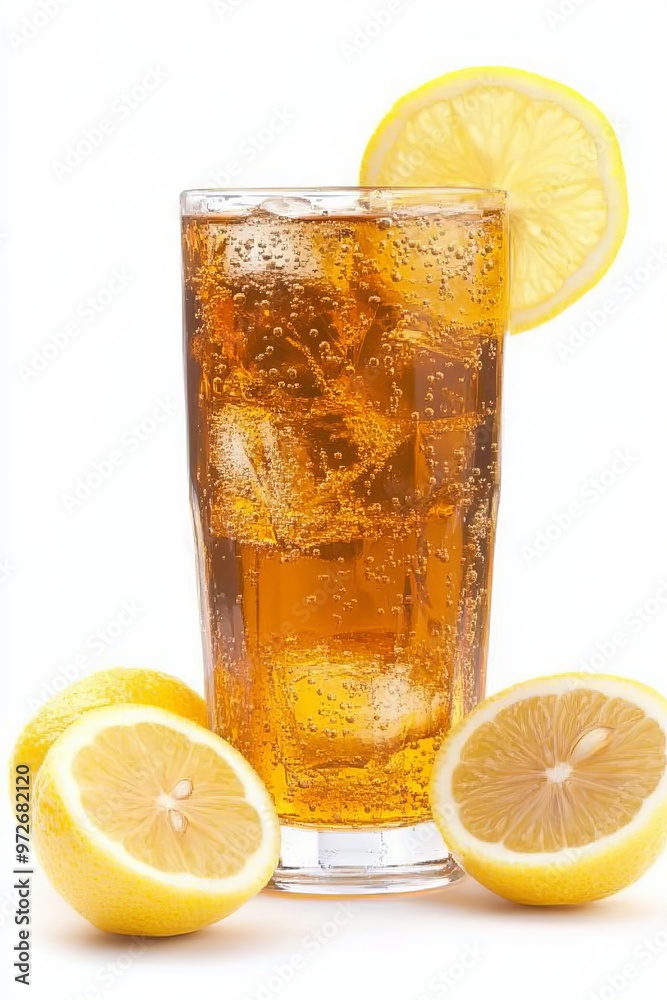 Refreshing Iced Tea in a Tall Glass, Garnished with Lemon Slices On White Background Refreshing Iced Tea in a Tall Glass, Garnished with Lemon Slices On White Background