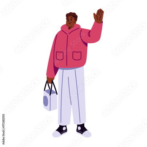 Happy person in winter outerwear waves hand. Black man in warm clothes holds gift, welcomes. Funny character with present greeting, says hello. Flat isolated vector illustration on white background
